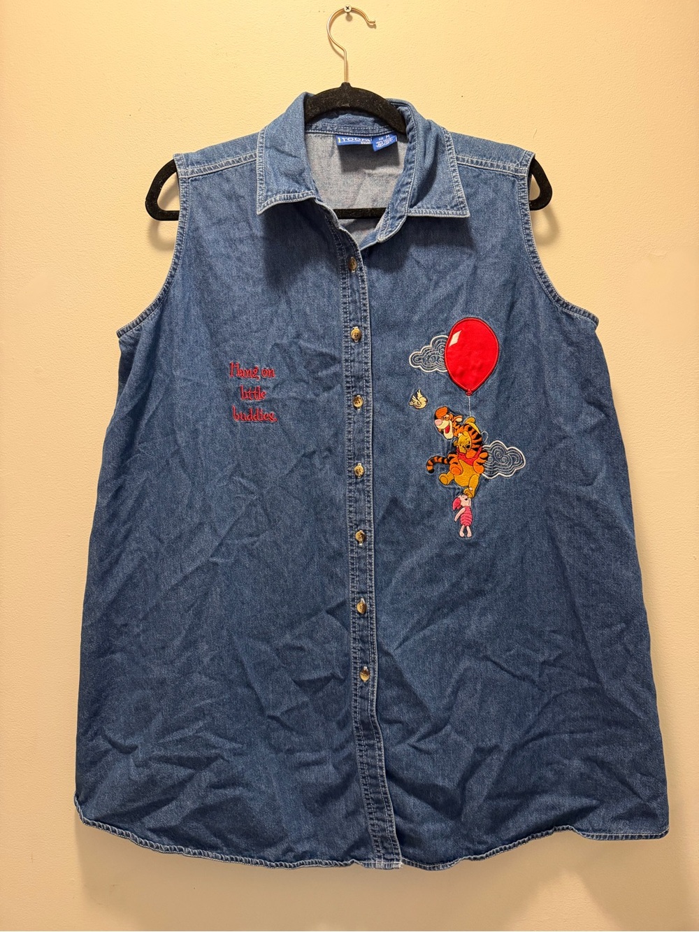 Vintage Disney Pooh Denim Sleeveless Button Up Shirt Medium Tigger Piglet Y2K